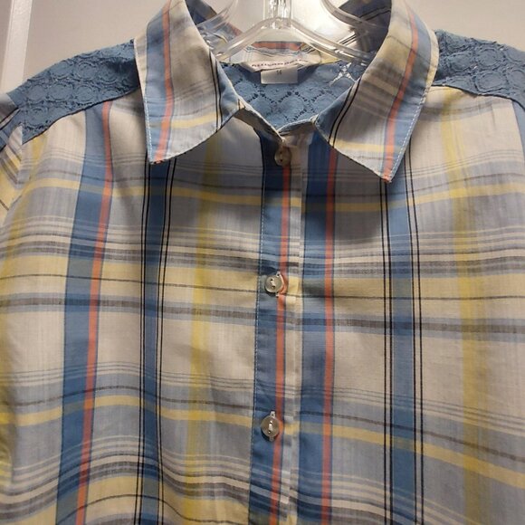 ALLISON DALEY Women's Blue Mix Plaid Button Down Shirt w/Lace Yoke - Size 14 - Picture 11 of 12